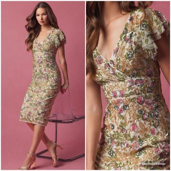 Mac Duggal Womens Floral Embellished Flutter Cap Sleeve Dress 5722 Cream - Picture 1 of 16